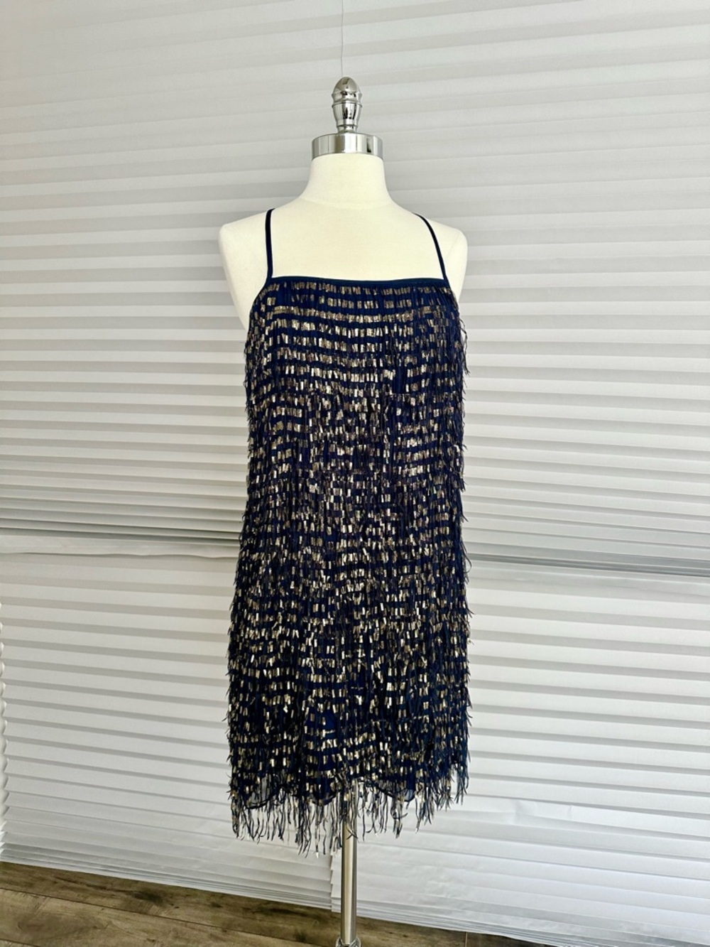 Nicole Miller Navy and Gold Fringe Slip Dress